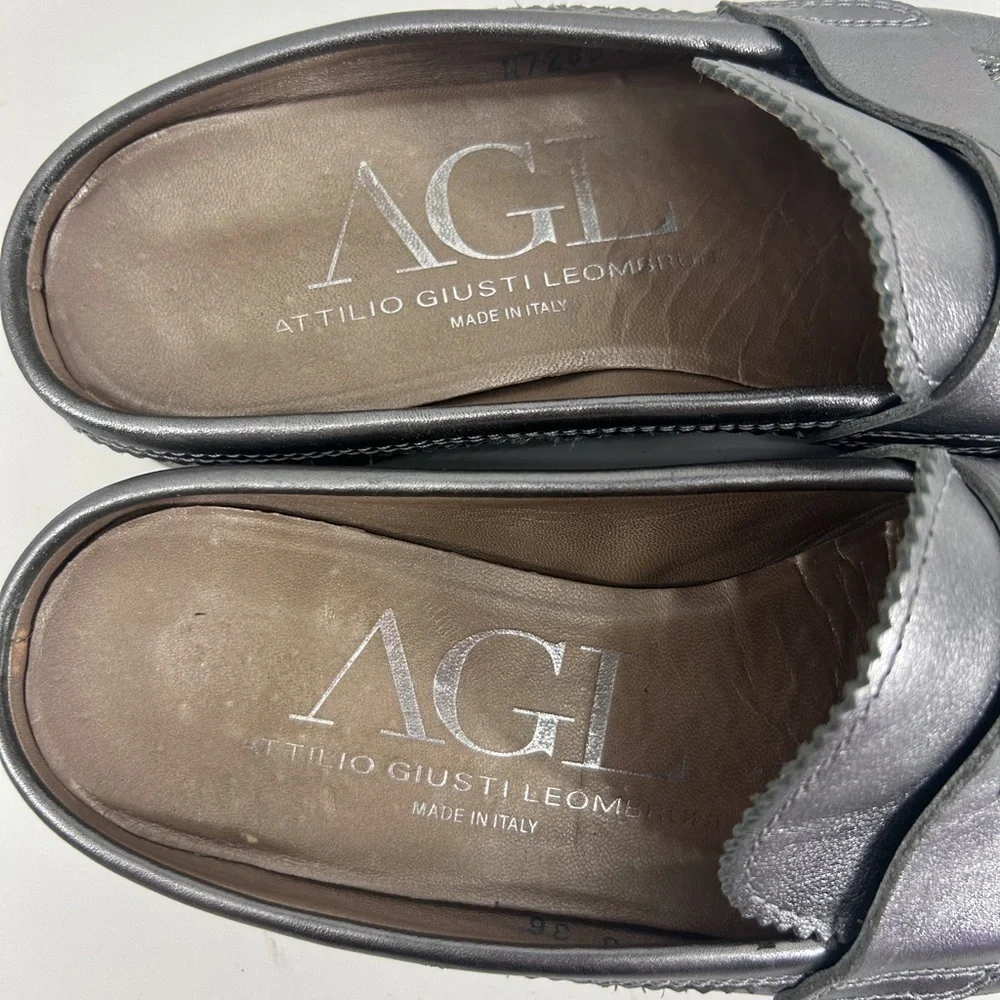 AGL Attilio Giusti Leombruni Silver Metallic Leather Slip On Loafers Size 6